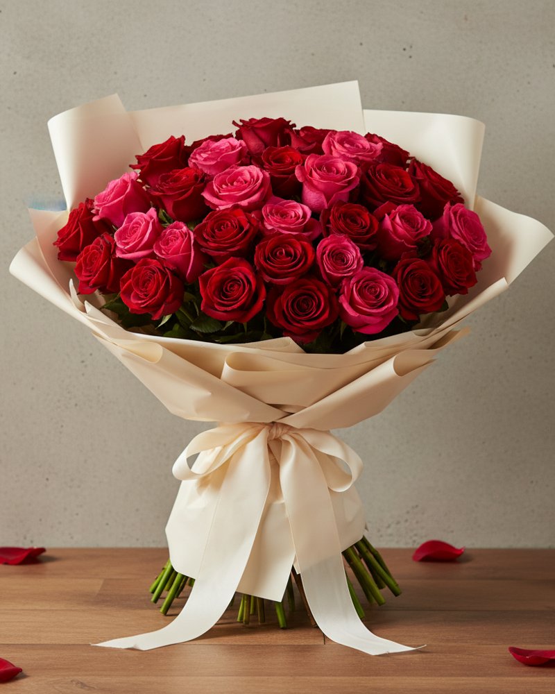 Amour exceptionnel : bouquet généreux de roses rouge profond et rose vif, aux pétales veloutés, présenté dans un papier de soie ivoire