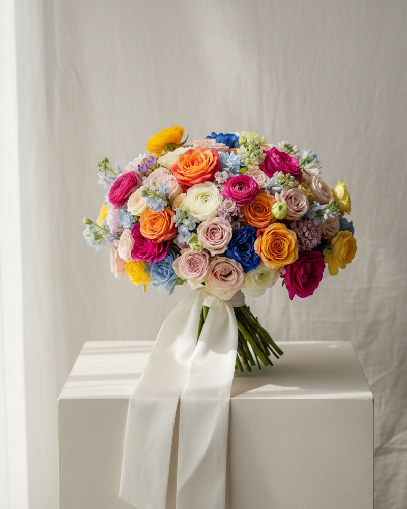 Arc-en-Ciel : bouquet rond multicolore de roses, renoncules et fleurs de saison aux teintes vives et douces, noué d'un ruban de soie, sur fond clair