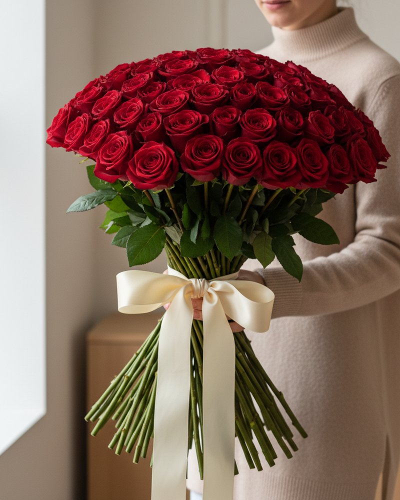 La Brassée Deluxe : immense bouquet de 100 roses rouges à longues tiges au velouté profond, noué d'un ruban de soie, tenu dans les bras d'une personne en pull cachemire beige, lumière naturelle de fenêtre