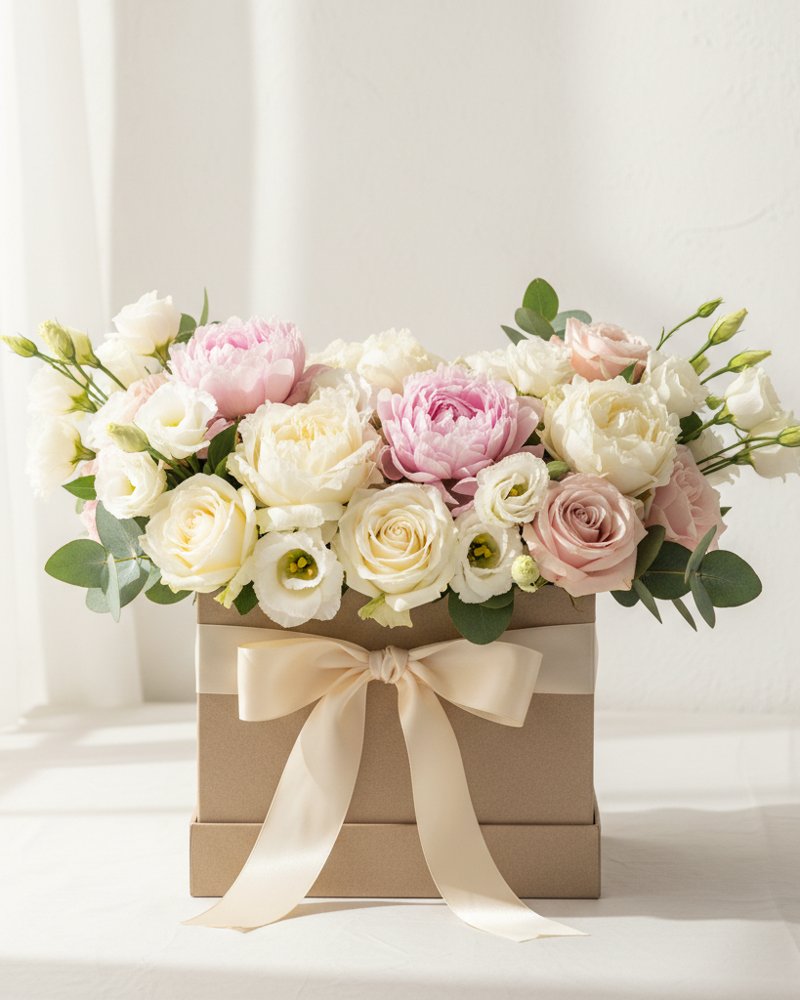 Coffret des grandes occasions : élégant coffret rigide beige orné d'un ruban, rempli de fleurs raffinées aux tons crème et rose poudré, posé sur un fond blanc cassé lumineux
