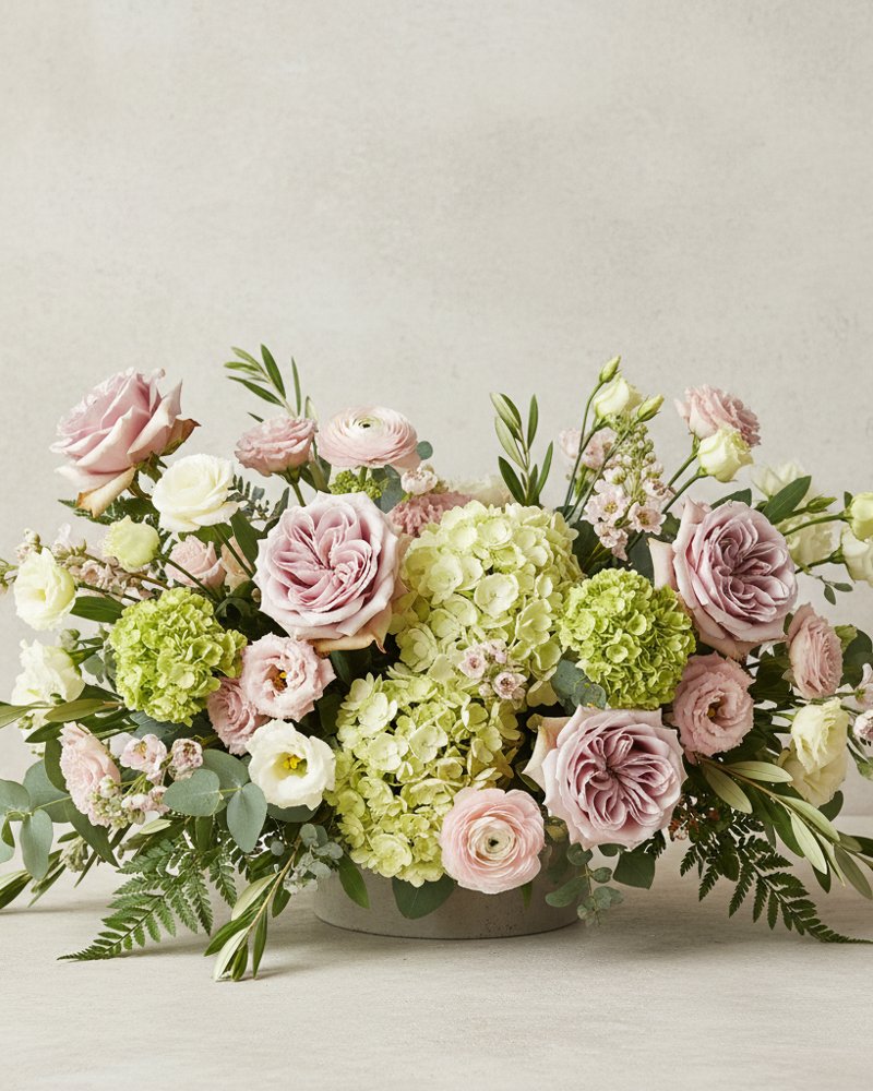 Création Douceur XXL : composition florale de saison monumentale de 55 cm de diamètre, en tons poudrés rose, crème et vert tendre, réalisée par nos artisans fleuristes
