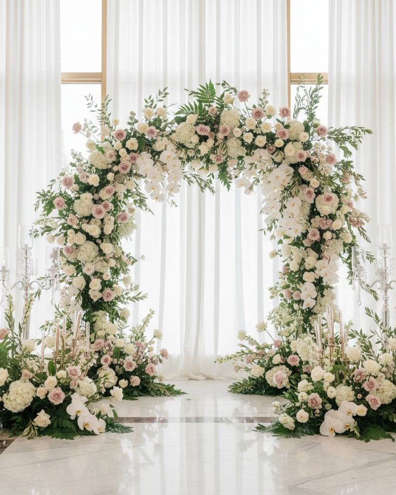 Décoration événementielle haut de gamme : arche et compositions de fleurs blanches, roses poudrées et feuillages dans un salon de réception lumineux