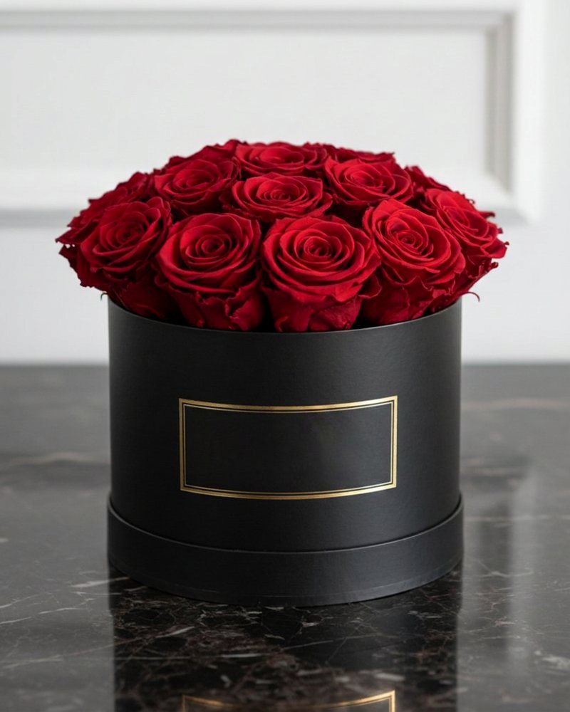 Écrin de Roses Éternelles : boîte à chapeau ronde noir mat ornée de lettres dorées, entièrement garnie de roses rouges stabilisées parfaitement épanouies, sur du marbre sombre réfléchissant