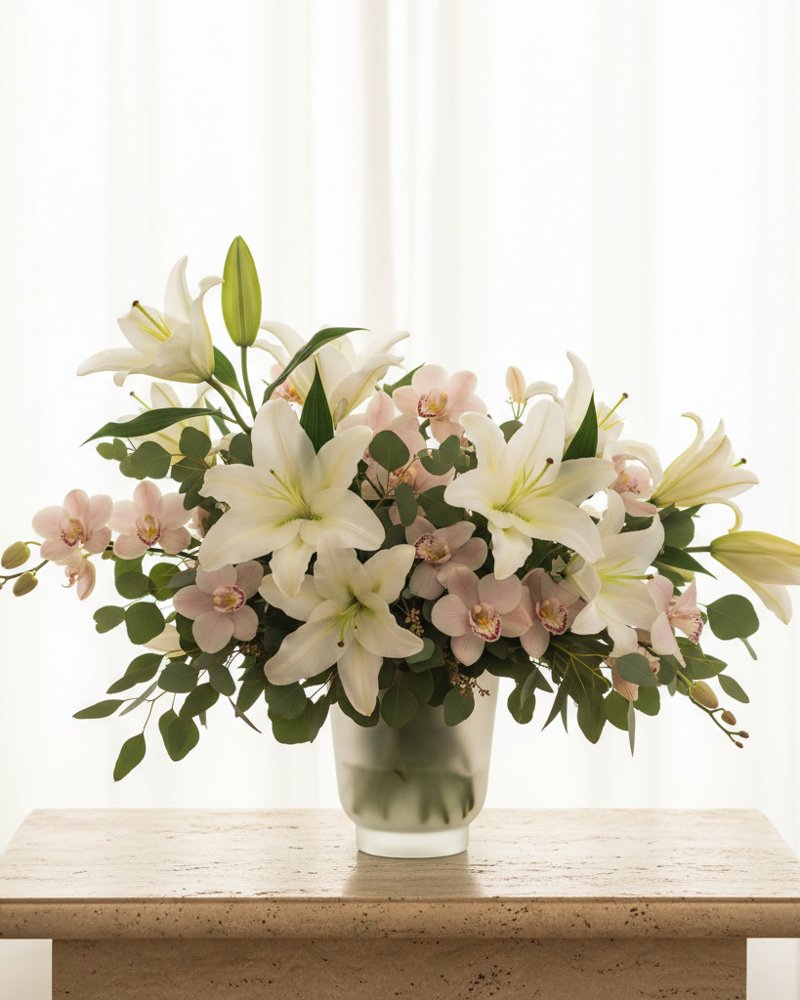 Composition florale monumentale de lys blancs, d'orchidées rose pâle et de feuilles d'eucalyptus dans un vase en verre dépoli, posée sur une table en travertin devant un fond blanc cassé lumineux