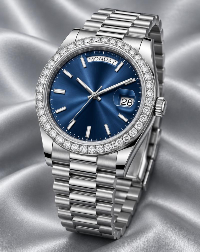 Rolex Day-Date 40 Réf. 228396TBR – Platine, Lunette Diamants, Cadran Bleu