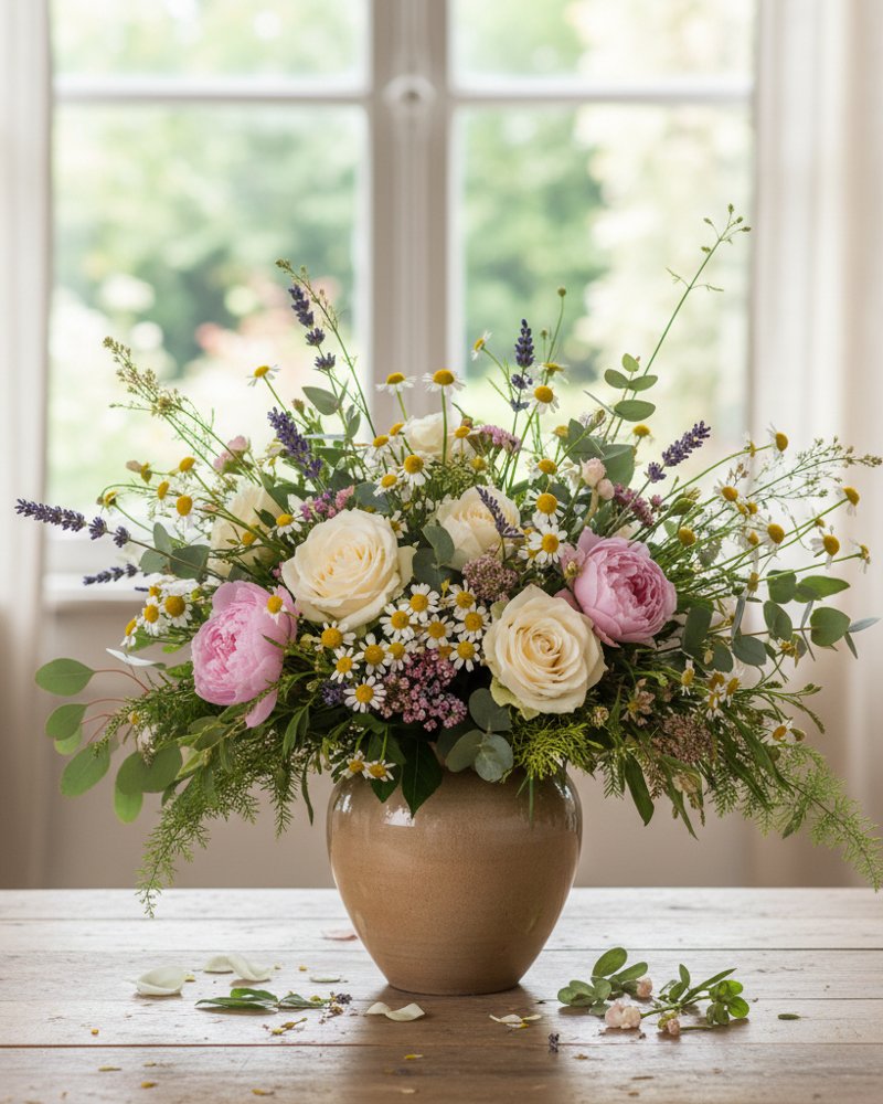 Nature et sens : composition champêtre de fleurs de saison parfumées, feuillages verts et tiges naturelles, dans un vase en céramique mate