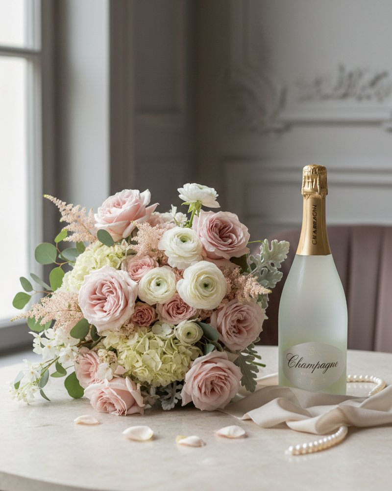 Nuage poudré et son champagne : bouquet vaporeux de fleurs rose poudré et blanc, accompagné d'une bouteille de champagne, sur une table en pierre claire