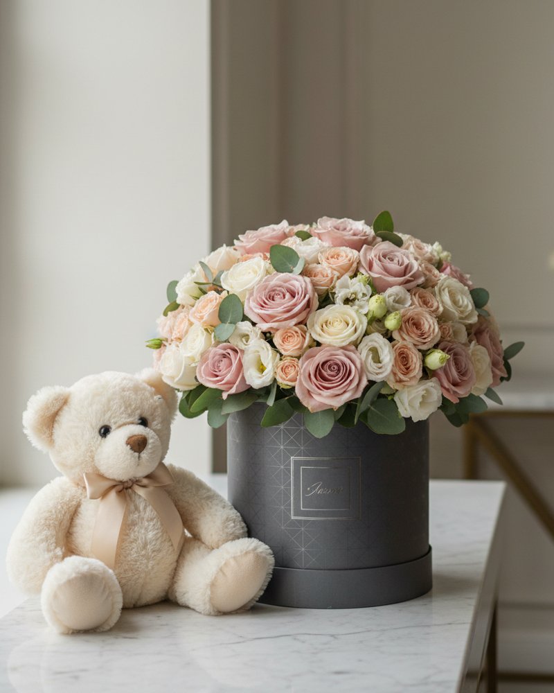 Flower box ronde garnie de roses, accompagnée d'un ours en peluche crème