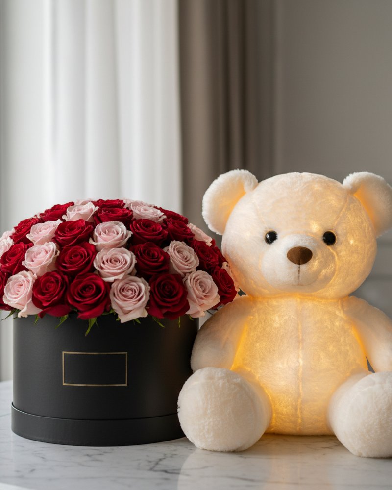 Flower box de roses accompagnée d'un ourson en peluche lumineux