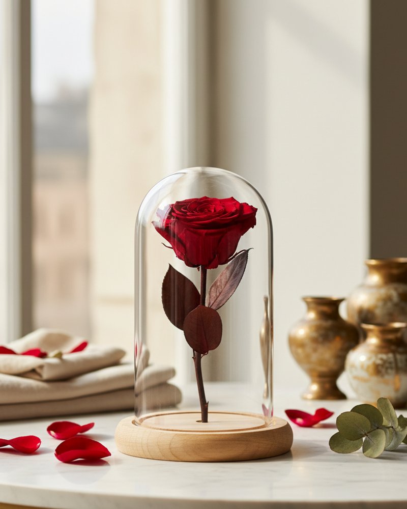 Rose éternelle rouge préservée sous une cloche de verre transparente, sur socle en bois clair
