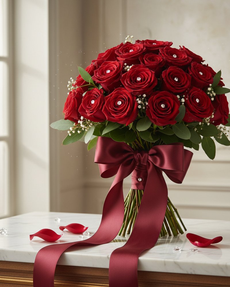 Bouquet de roses fraîches rouges rehaussé de petits diamants décoratifs scintillants, noué d'un ruban de soie