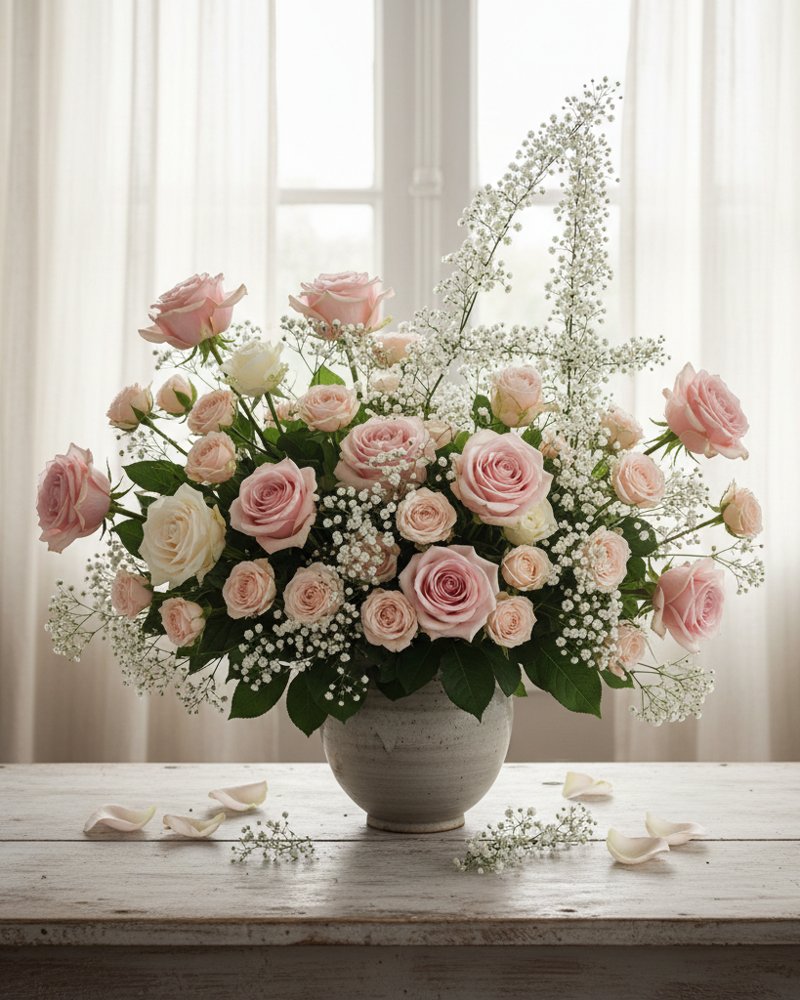 Bouquet de roses fraîches accompagné d'une lettre dessinée en gypsophile blanche