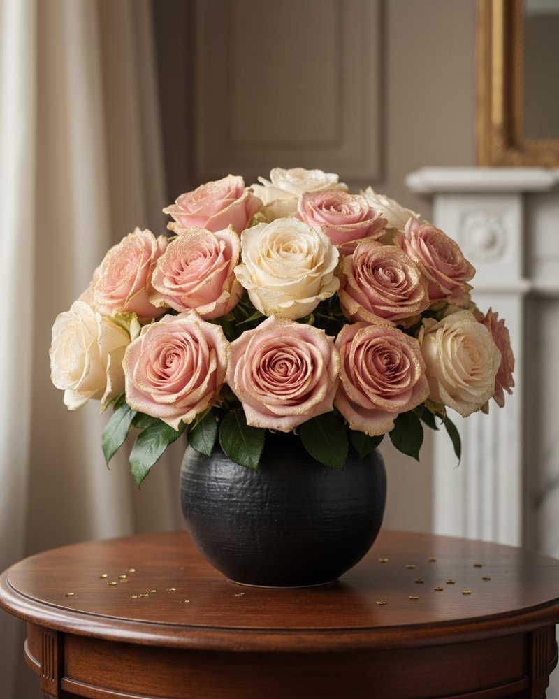 Bouquet de roses fraîches recouvertes de paillettes dorées délicates