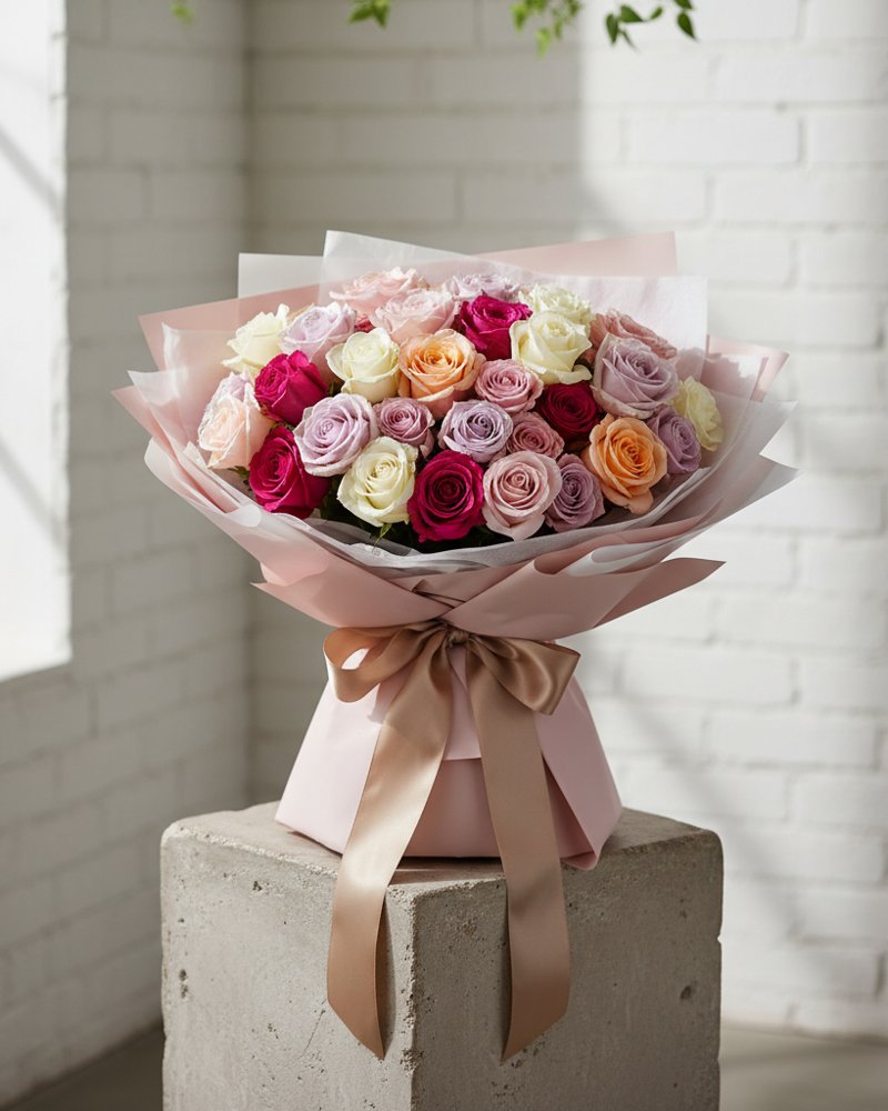 Bouquet de roses fraîches de couleurs personnalisables, papier de soie et ruban