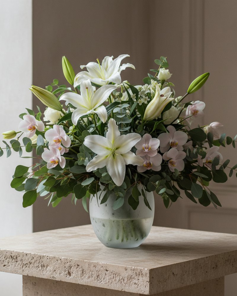 Symphonie Florale : grand bouquet majestueux de lys blancs et d'orchidées rose pâle avec feuillage d'eucalyptus, dans un vase en verre dépoli sur une table en travertin