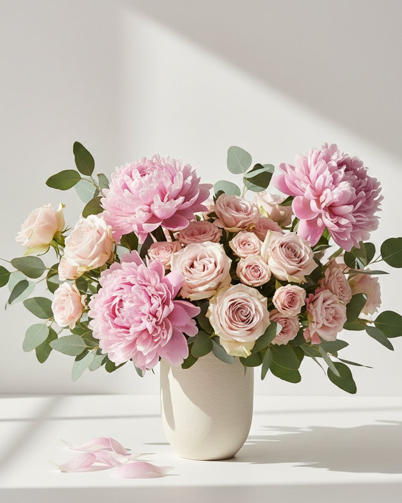 Tendresse infinie : bouquet délicat de pivoines et de roses rose pâle avec feuillage argenté, lumière douce et fond blanc cassé